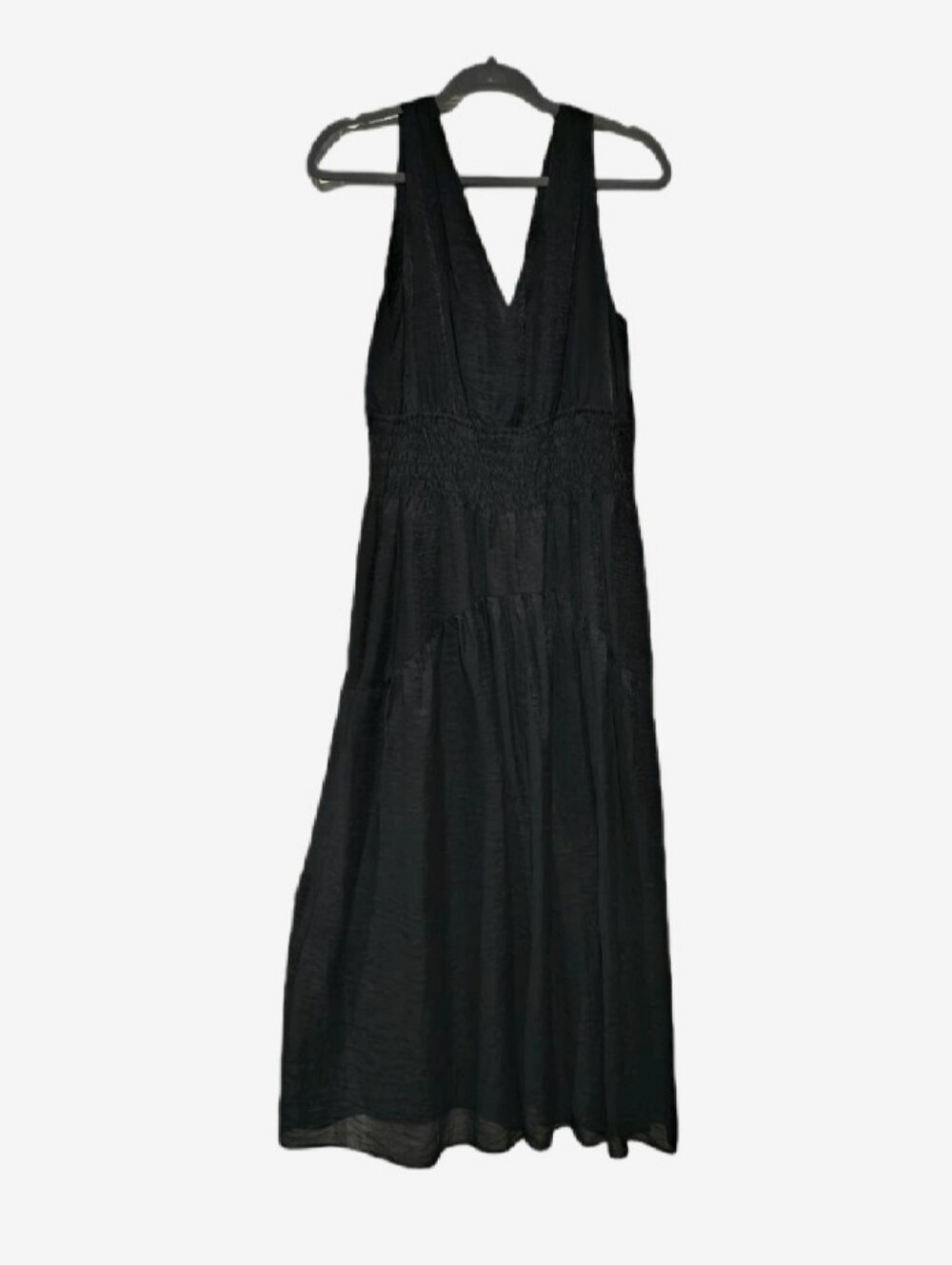 Vince Black Smocked Waist Tiered Midi Dress V-Neck Tencel Blend Size M